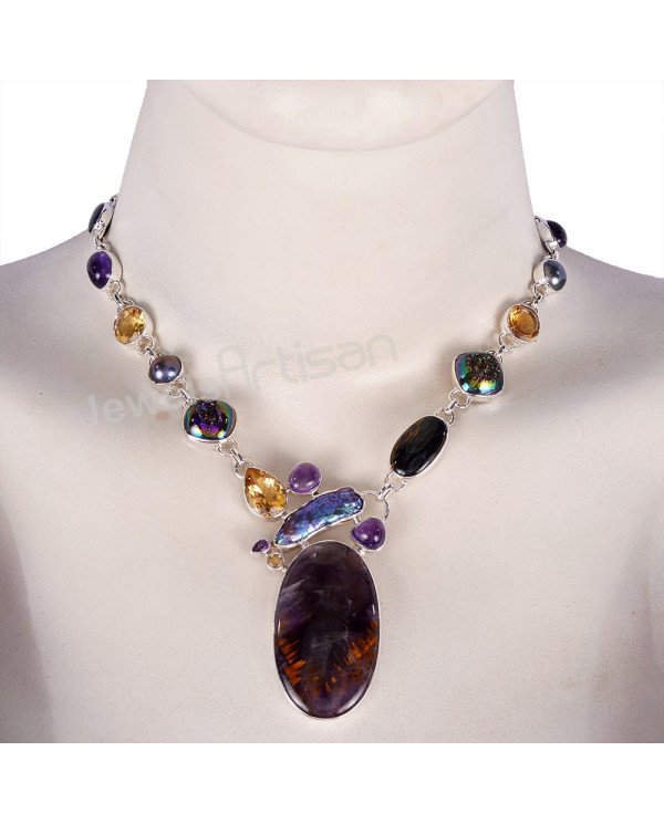 Multi Gemstone Necklace Cacoxenite Necklace 925 Sterling Silver Necklace