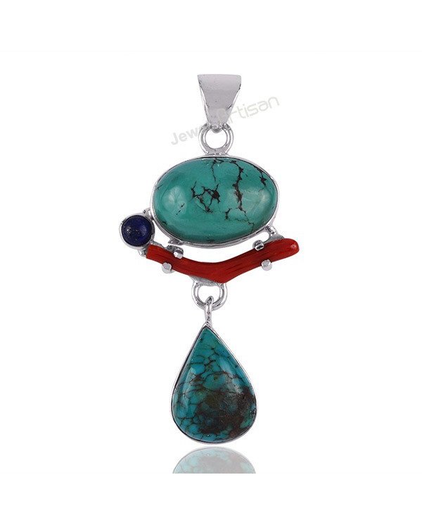 Sterling Silver Tibetan Turquoise Coral Pendant