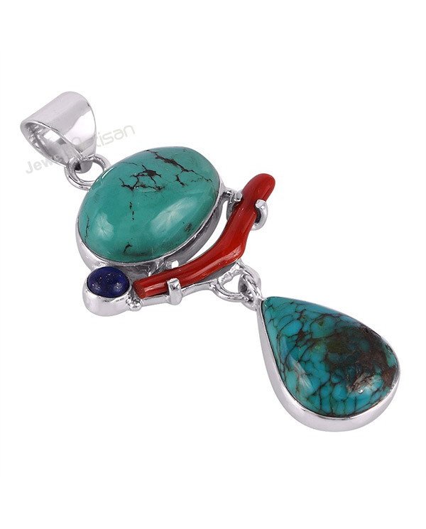 Sterling Silver Tibetan Turquoise Coral Pendant
