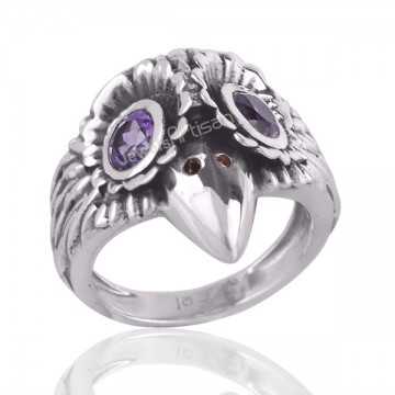 Eagle Skull Gemstone Purple Amethyst 925 Sterling Silver Skull Ring