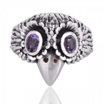 Eagle Skull Gemstone Purple Amethyst 925 Sterling Silver Skull Ring