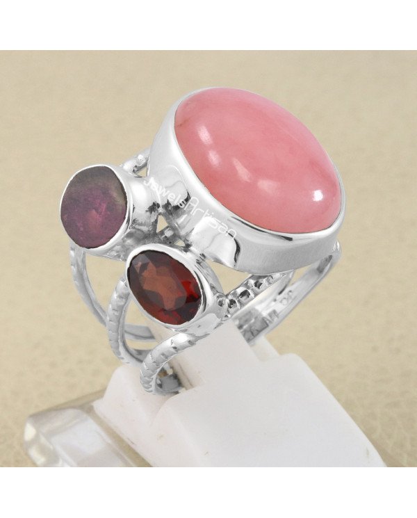 Pink Opal, Garnet, Tourmaline, Solid 925 Sterling Silver Ring