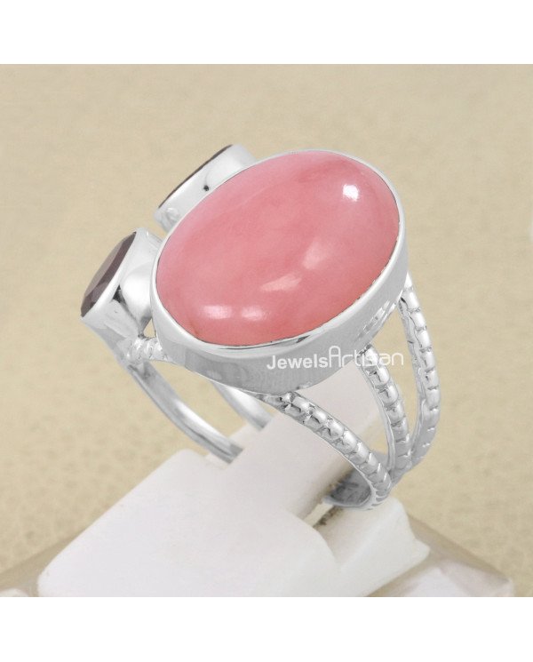 Pink Opal, Garnet, Tourmaline, Solid 925 Sterling Silver Ring
