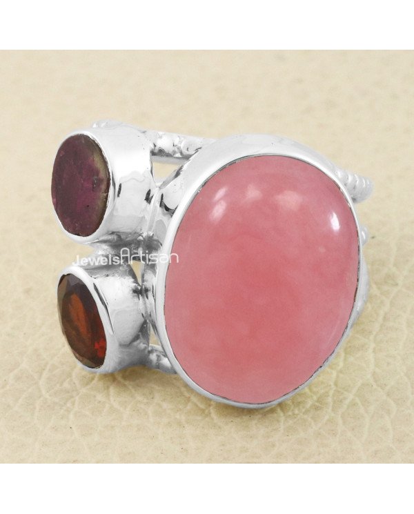 Pink Opal, Garnet, Tourmaline, Solid 925 Sterling Silver Ring