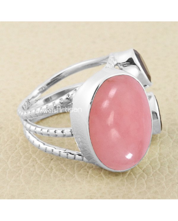 Pink Opal, Garnet, Tourmaline, Solid 925 Sterling Silver Ring