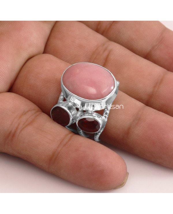 Pink Opal, Garnet, Tourmaline, Solid 925 Sterling Silver Ring
