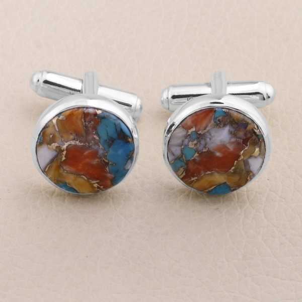 Sterling Silver Orange Spine Oyster Turquoise Cufflink for Men