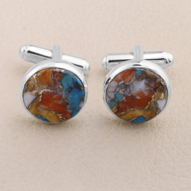 Sterling Silver Orange Spine Oyster Turquoise Cufflink for Men