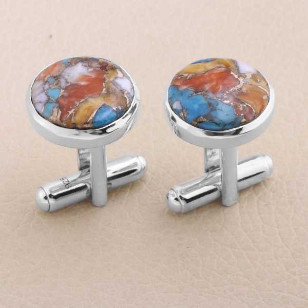 Sterling Silver Orange Spine Oyster Turquoise Cufflink for Men