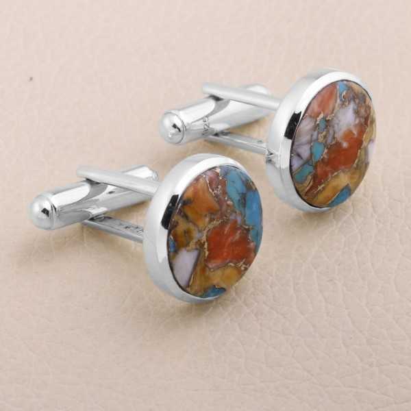Sterling Silver Orange Spine Oyster Turquoise Cufflink for Men