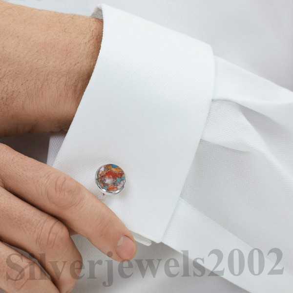 Sterling Silver Orange Spine Oyster Turquoise Cufflink for Men