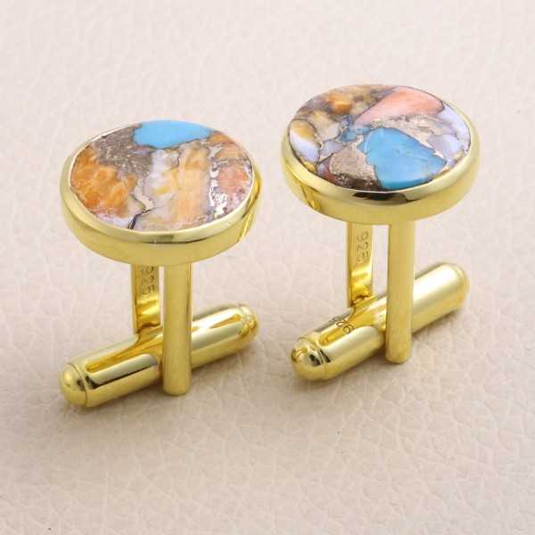 Gold Plated Sterling Silver Orange Spine Oyster Turquoise Cufflink for Men