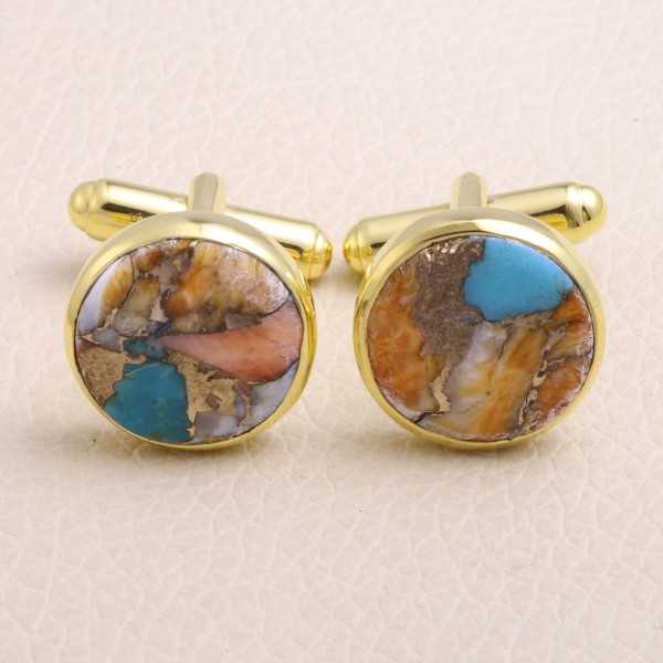 Gold Plated Sterling Silver Orange Spine Oyster Turquoise Cufflink for Men