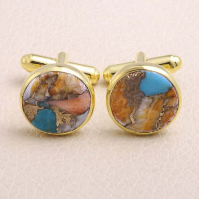 Gold Plated Sterling Silver Orange Spine Oyster Turquoise Cufflink for Men