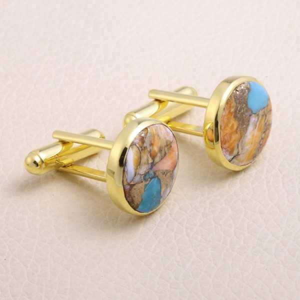 Gold Plated Sterling Silver Orange Spine Oyster Turquoise Cufflink for Men