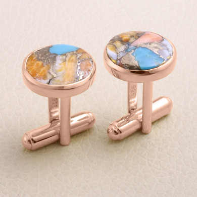 Rose Gold Over Sterling Silver Orange Spine Oyster Turquoise Cufflink for Men