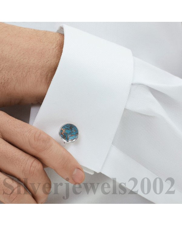 Sterling Silver Blue Copper Turquoise Cufflink for Men