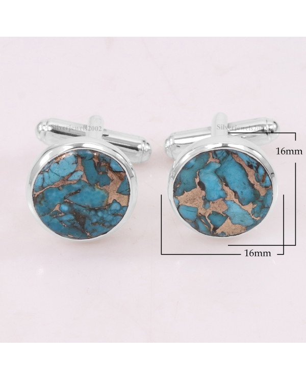 Sterling Silver Blue Copper Turquoise Cufflink for Men