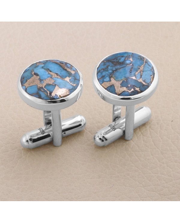 Sterling Silver Blue Copper Turquoise Cufflink for Men