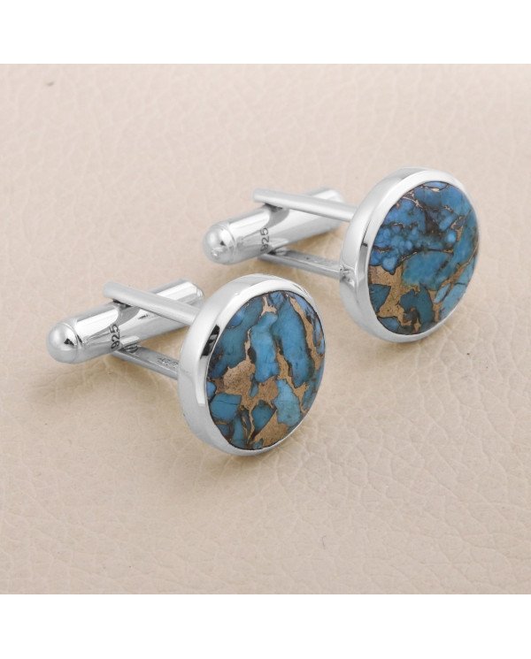 Sterling Silver Blue Copper Turquoise Cufflink for Men
