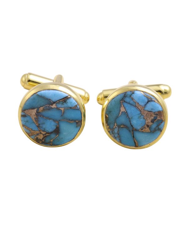 18K Gold Over Silver Blue Copper Turquoise Cufflink for Men