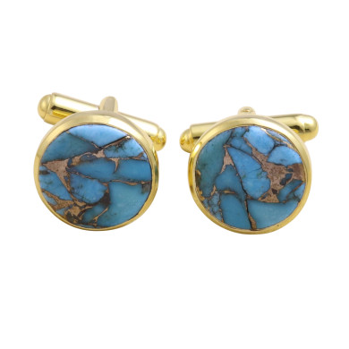 18K Gold Over Silver Blue Copper Turquoise Cufflink for Men