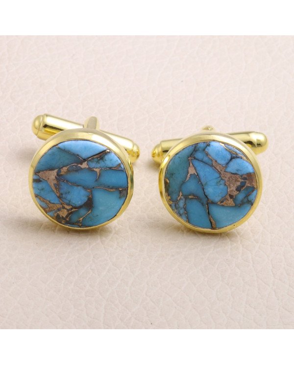18K Gold Over Silver Blue Copper Turquoise Cufflink for Men