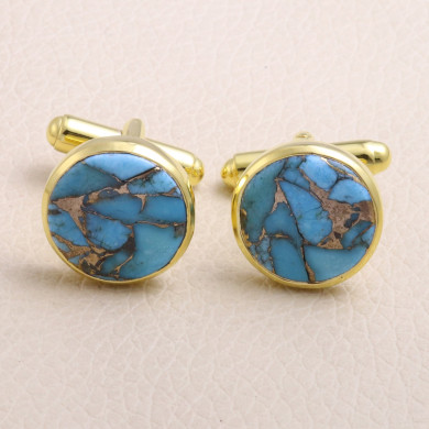 18K Gold Over Silver Blue Copper Turquoise Cufflink for Men