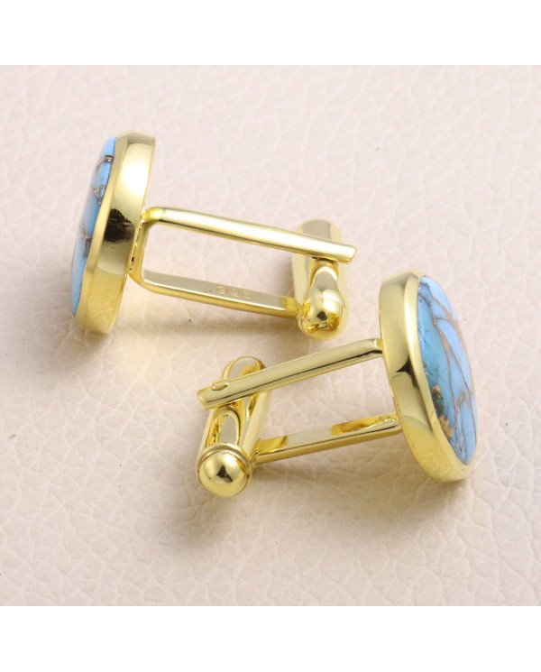 18K Gold Over Silver Blue Copper Turquoise Cufflink for Men