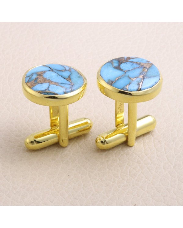 18K Gold Over Silver Blue Copper Turquoise Cufflink for Men