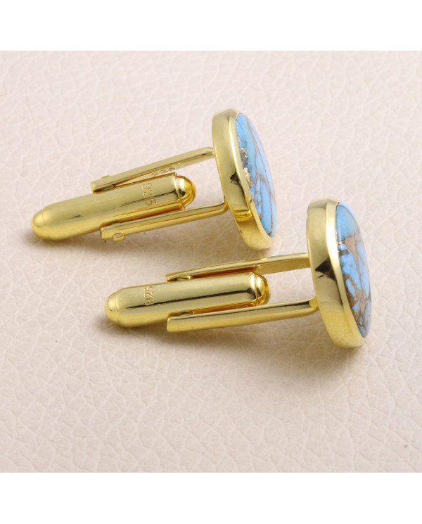 18K Gold Over Silver Blue Copper Turquoise Cufflink for Men