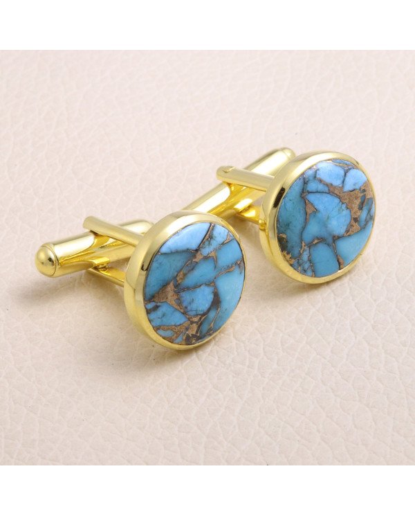 18K Gold Over Silver Blue Copper Turquoise Cufflink for Men