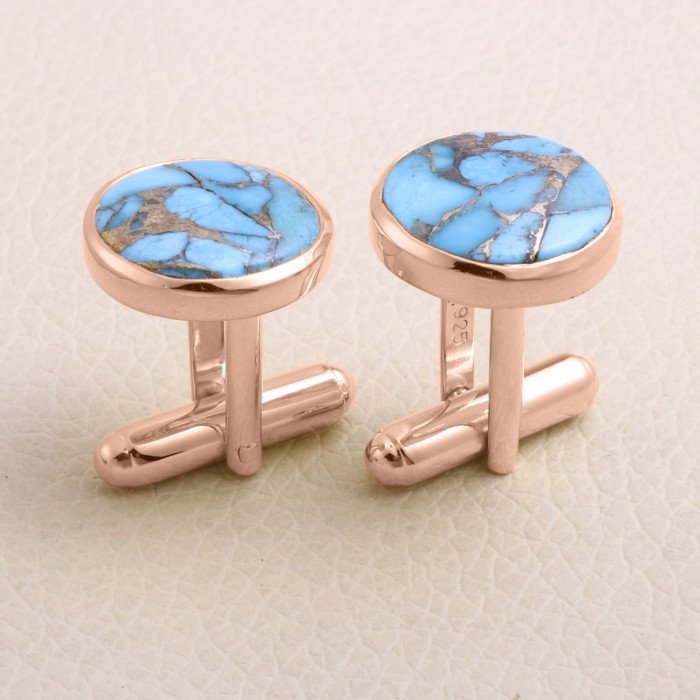 Blue Copper Turquoise Rose Gold Plated Sterling SIlver Cufflink for Men