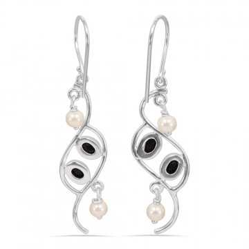Onyx and Pearl Earring 925 Sterling Silver Earring Black Onyx Earrings