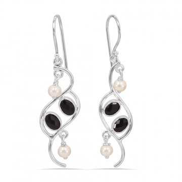 Onyx and Pearl Earring 925 Sterling Silver Earring Black Onyx Earrings
