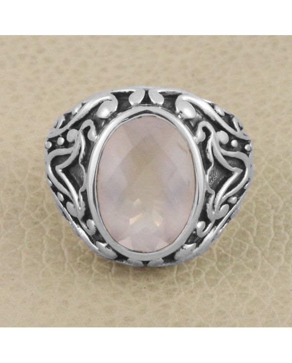 Pink Rose Quartz Gemstone 925 Sterling Silver Ring