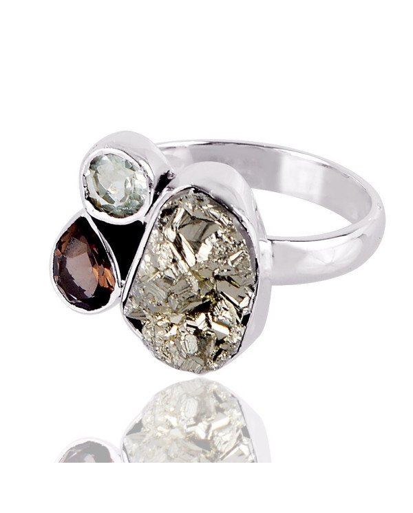Pyrite Ring Persiolite Smokey Three Stone Ring Solid Silver Ring