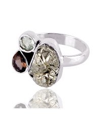 Pyrite Ring Persiolite Smokey Three Stone Ring Solid Silver Ring