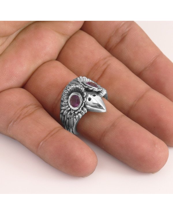Eagle Skull Gemstone Purple Amethyst 925 Sterling Silver Skull Ring