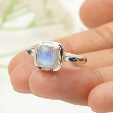 Rainbow Moonstone Cushion Shape Ring 925 Sterling Silver Handmade Jewelry Gift for Her