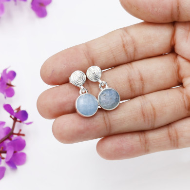 Aquamarine Drop Stud Earrings 10mm Round Gemstone in 925 Sterling Silver Handmade Jewelry