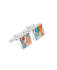 Orange Turquoise Square Shape Cufflinks 925 Sterling Silver Cufflinks for Men