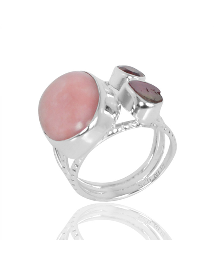 Pink Opal, Garnet, Tourmaline, Solid 925 Sterling Silver Ring