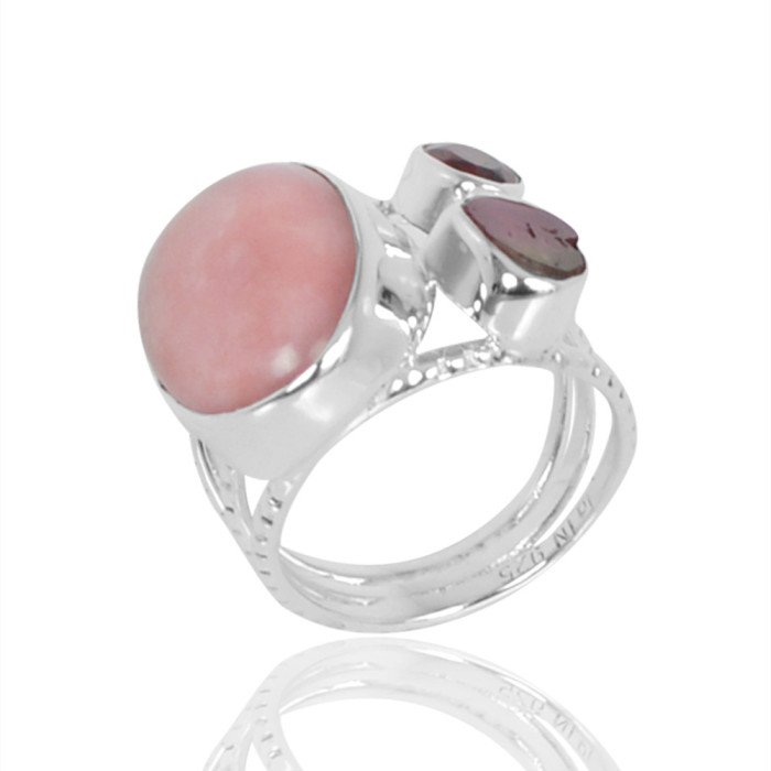 Pink Opal, Garnet, Tourmaline, Solid 925 Sterling Silver Ring