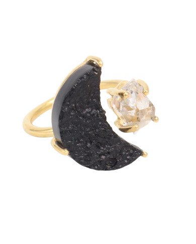 Tektite, Herkimer Diamond Sterling Silver Gold Plated Ring