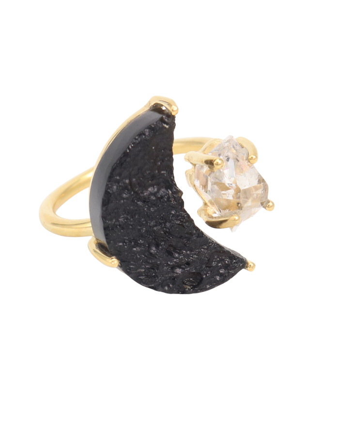 Tektite, Herkimer Diamond Sterling Silver Gold Plated Ring