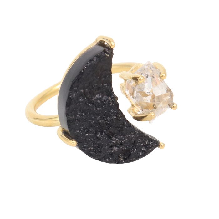 Tektite, Herkimer Diamond Sterling Silver Gold Plated Ring