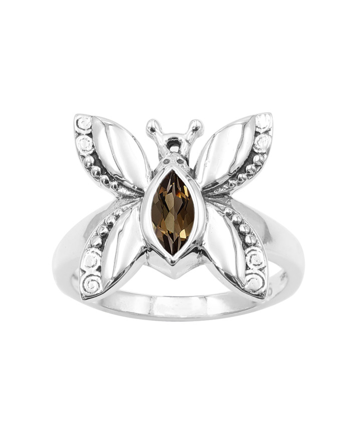 Smoky Quartz 925 Sterling Silver Butterfly Design Ring