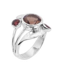 Smoky Quartz With Garnet 925 Sterling Silver Ring