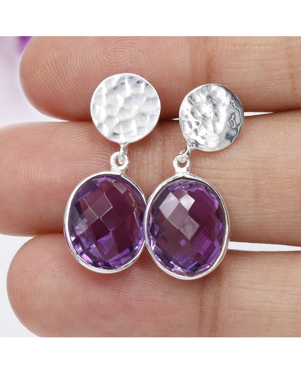 Handmade 925 Sterling Silver Amethyst Drop Stud Earrings